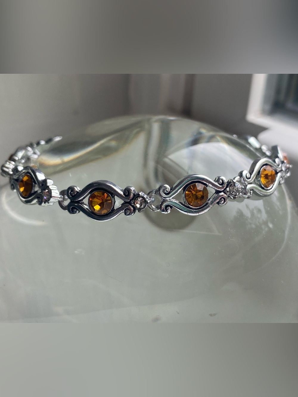 Silvertone Bracelet with Amber Brown/Citrine Color Crystals